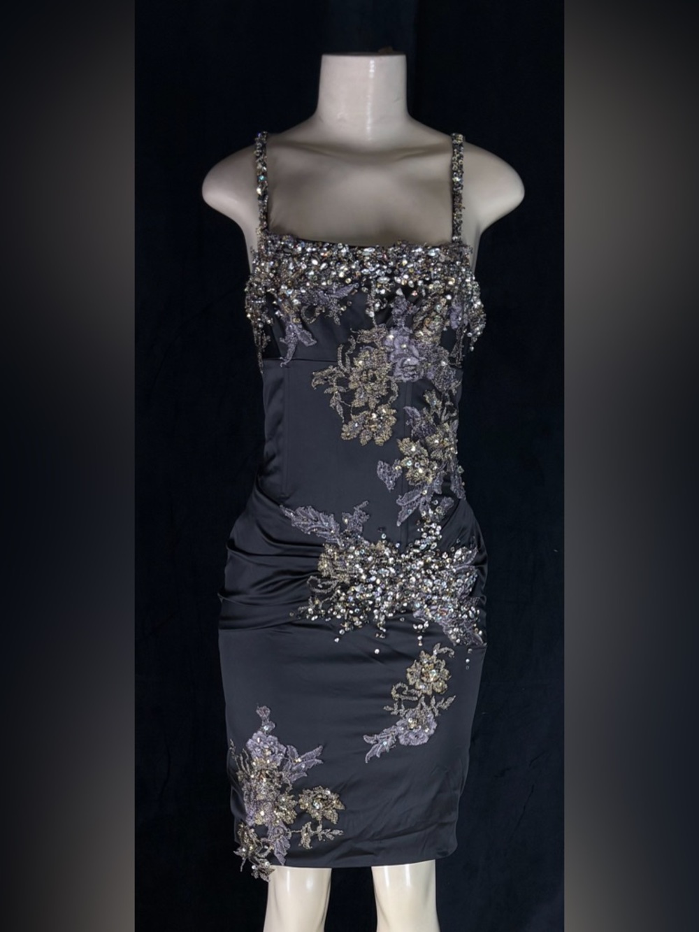 Embellished Black Midi Dress with Floral Applique